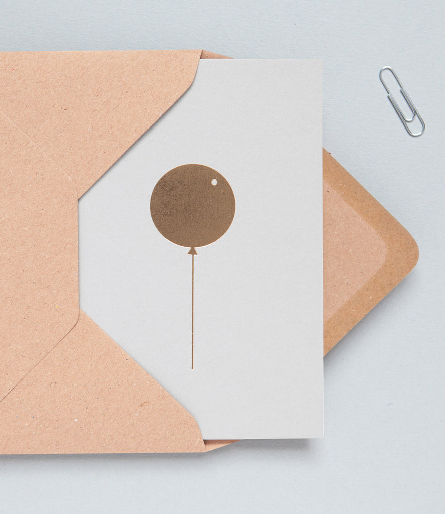 Foil Blocked Balloon Card - Brass on Light Grey