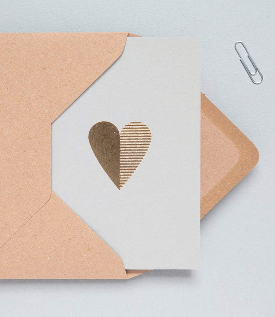 Foil Blocked Heart Card - Brass On Light Grey