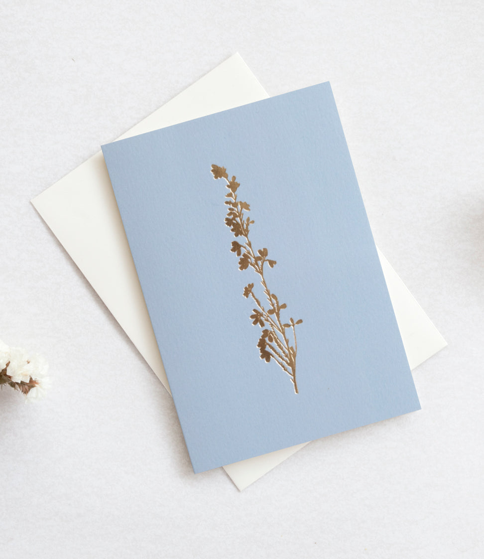 Foil Blocked Heather Card - Brass On Cornflower Blue