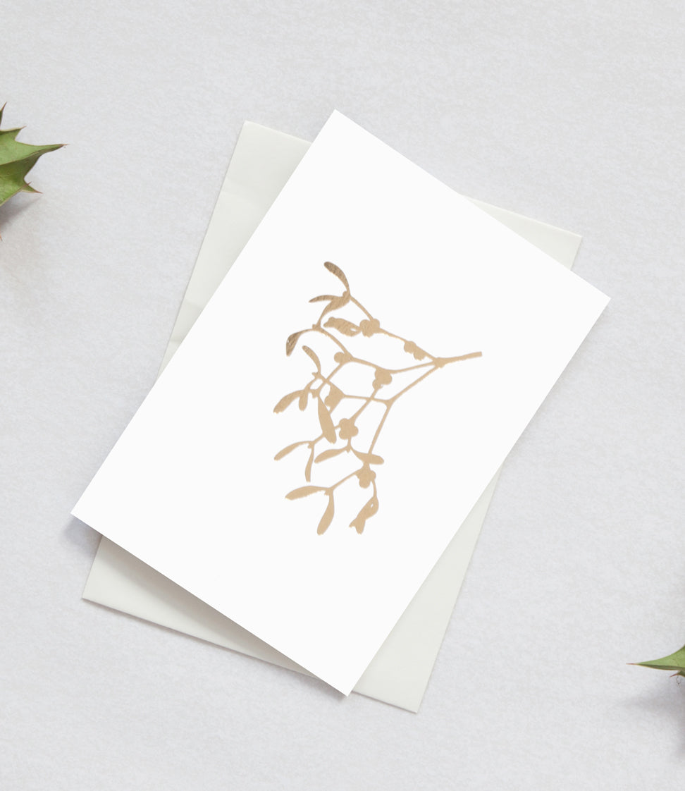 Foil Blocked Mistletoe Card - Brass On Ivory